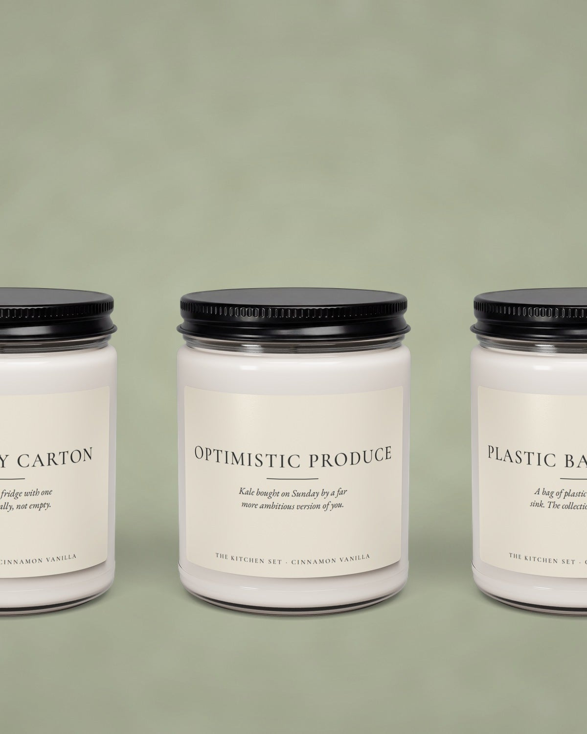 The Kitchen Set: three Cinnamon Vanilla soy candles, The Empty Carton, Optimistic Produce and Plastic Bag of Bags