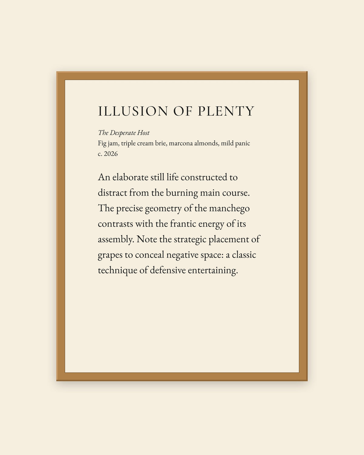 Illusion of Plenty museum placard print in an oak frame, shown straight on