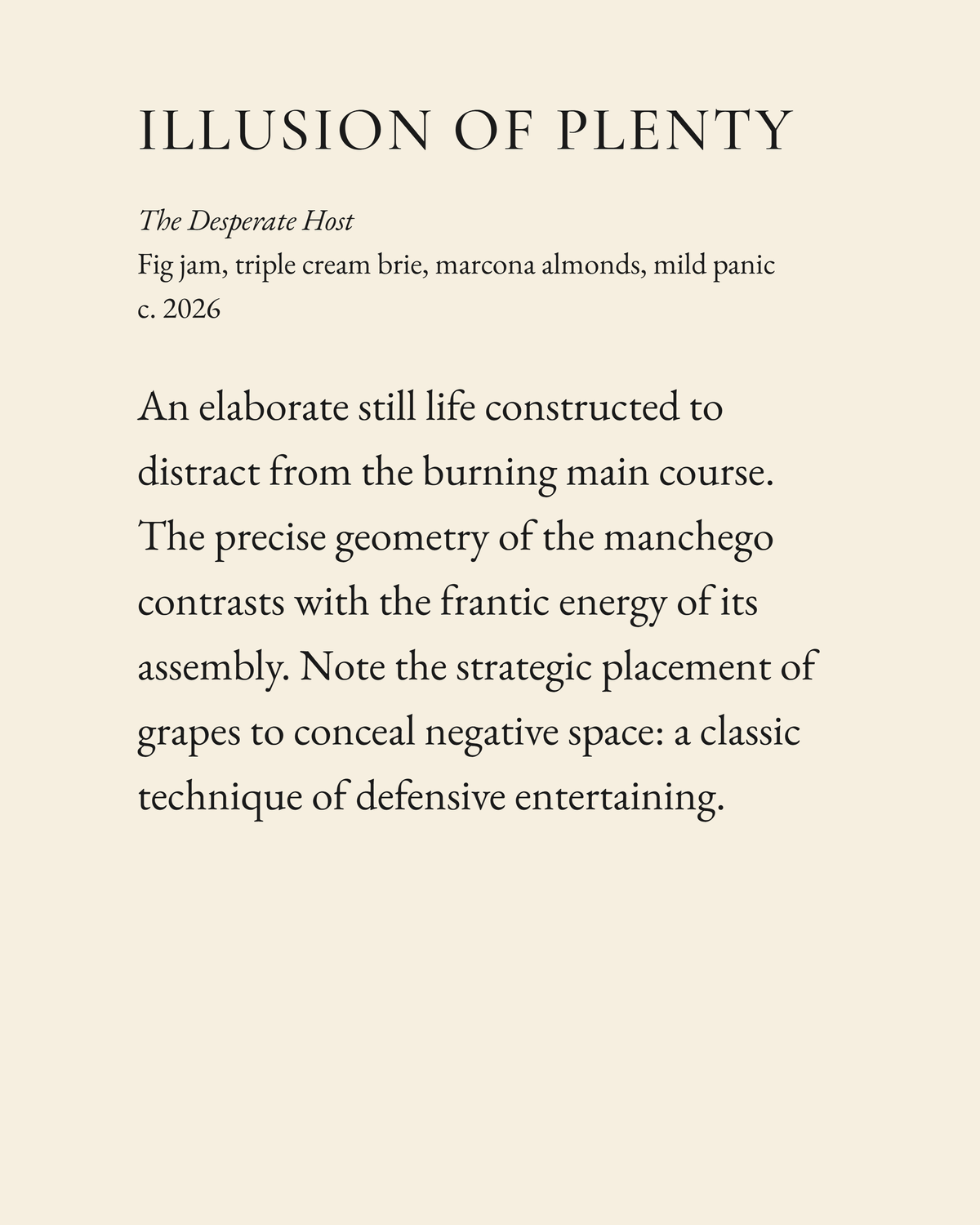 Illusion of Plenty museum placard print artwork, charcoal on cream