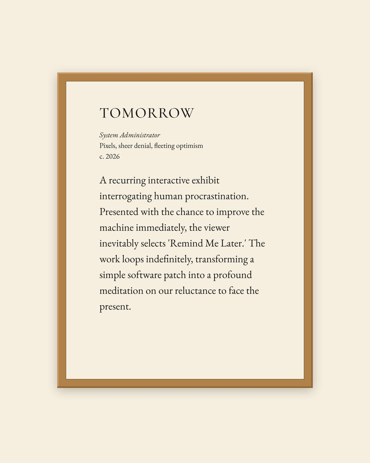 Tomorrow museum placard print in an oak frame, shown straight on