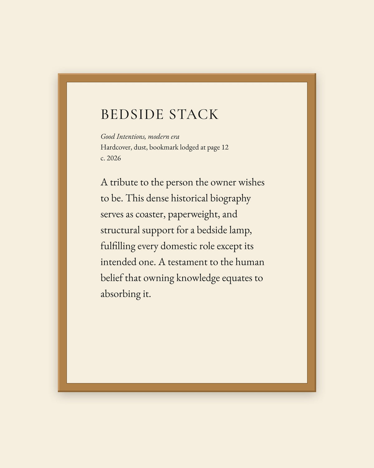 Bedside Stack museum placard print in an oak frame, shown straight on