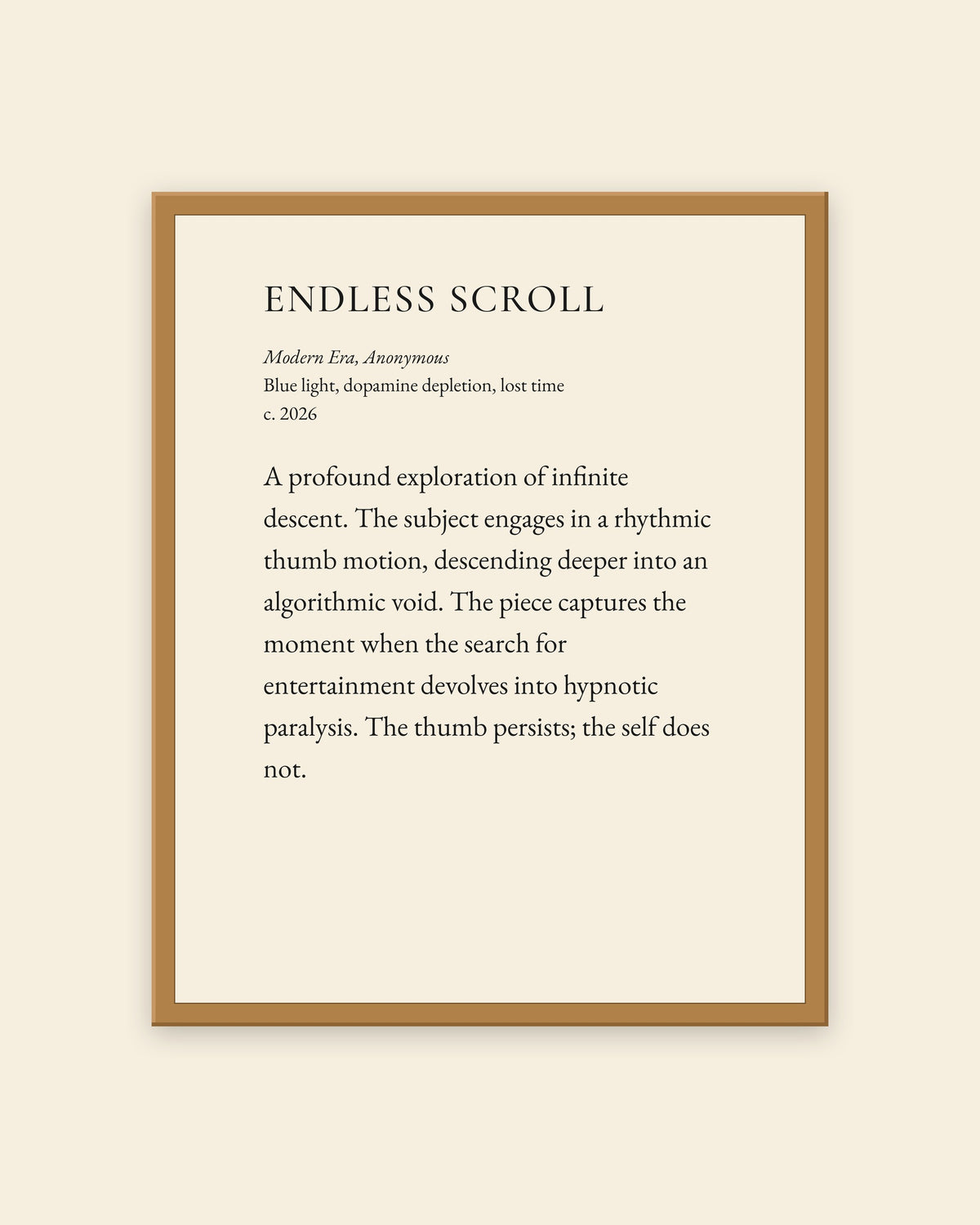 Endless Scroll museum placard print in an oak frame, shown straight on
