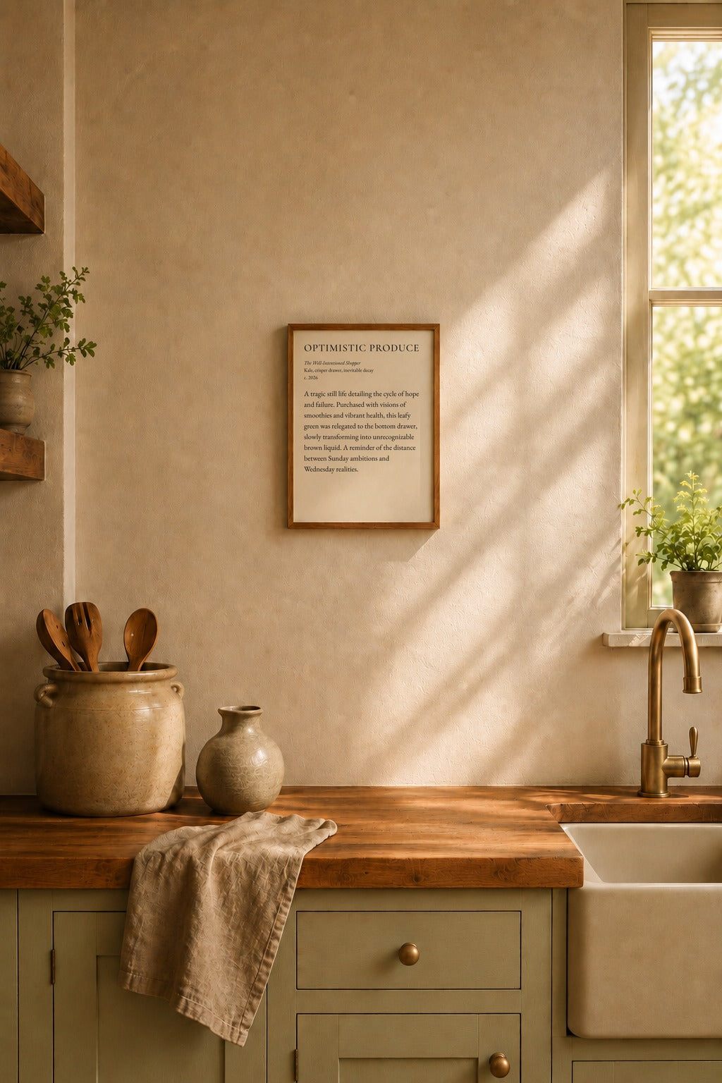 Optimistic Produce framed and hung in a kitchen