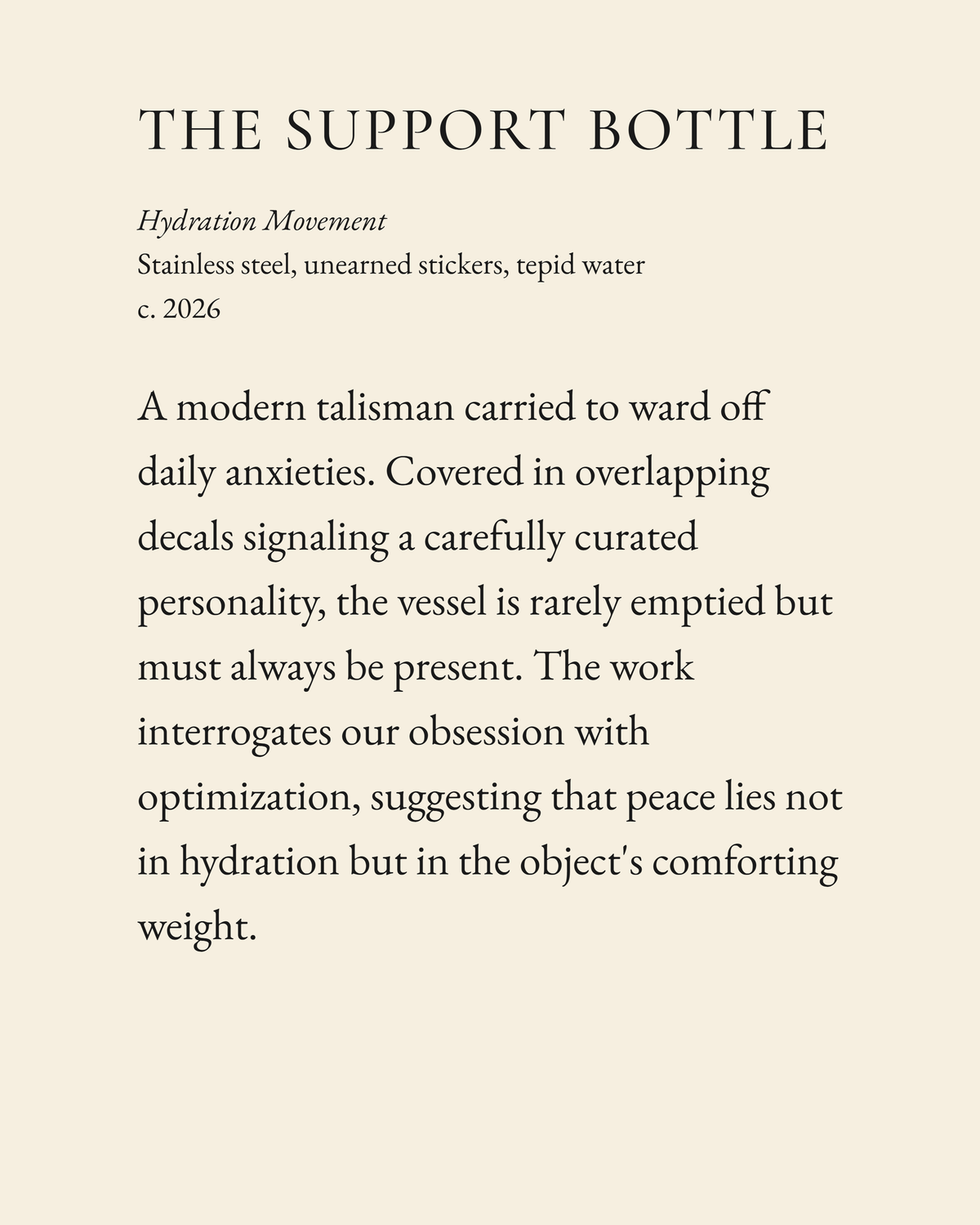 The Support Bottle museum placard print artwork, charcoal on cream