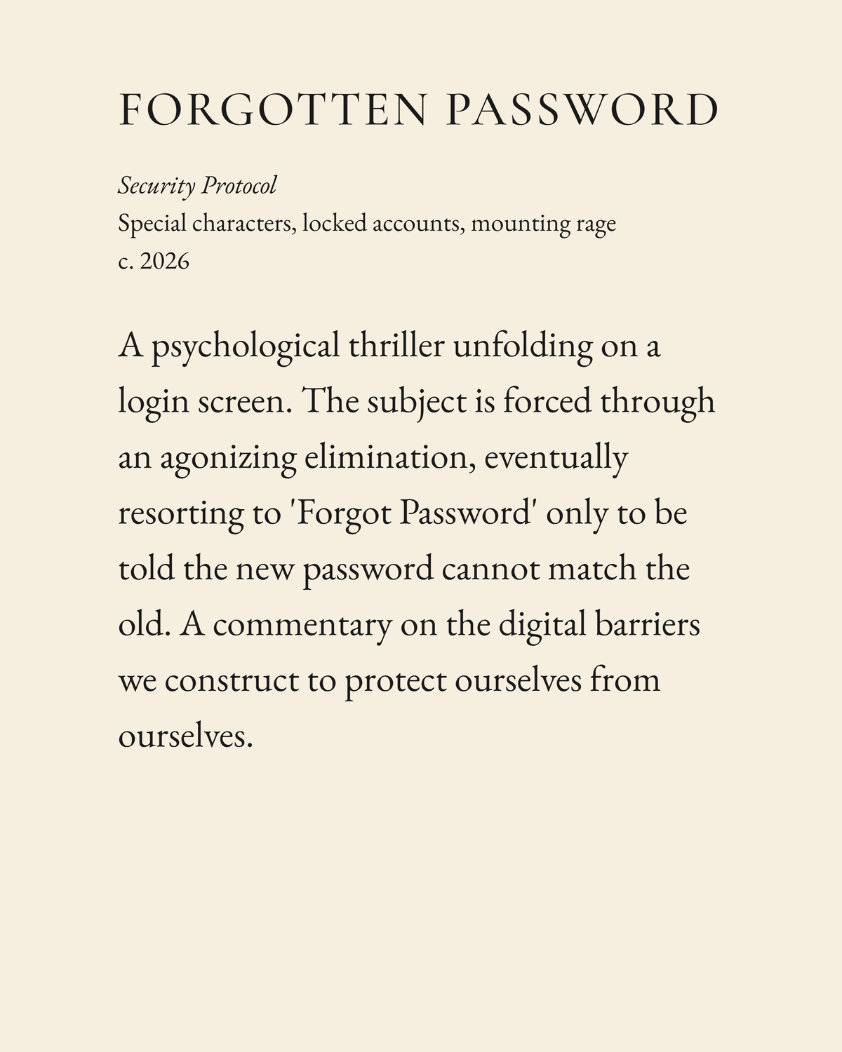 Forgotten Password museum placard print artwork, charcoal on cream
