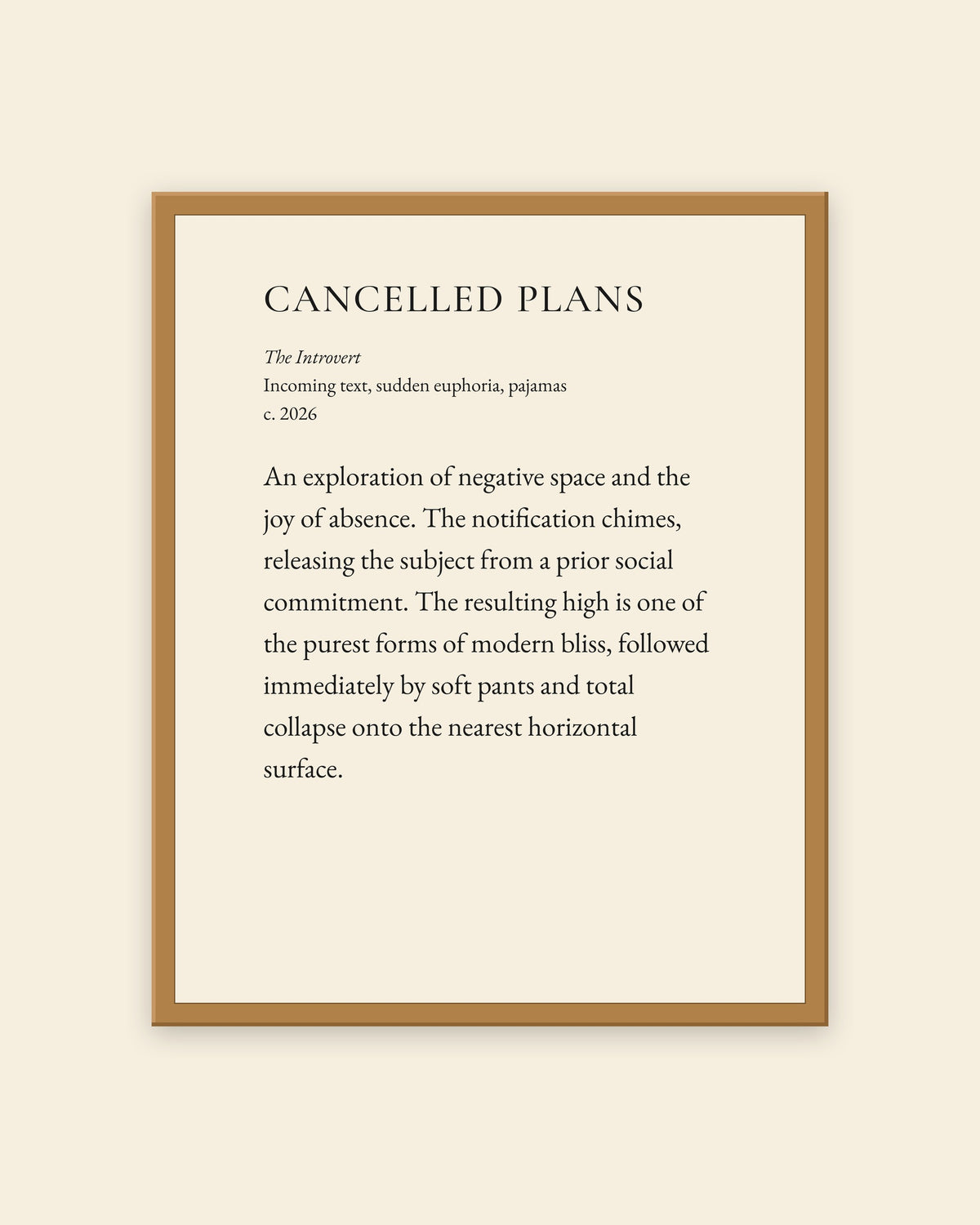 Cancelled Plans museum placard print in an oak frame, shown straight on
