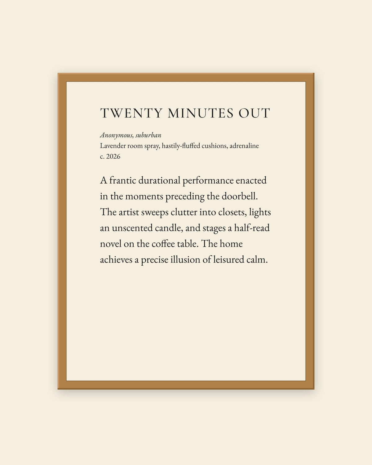 Twenty Minutes Out museum placard print in an oak frame, shown straight on