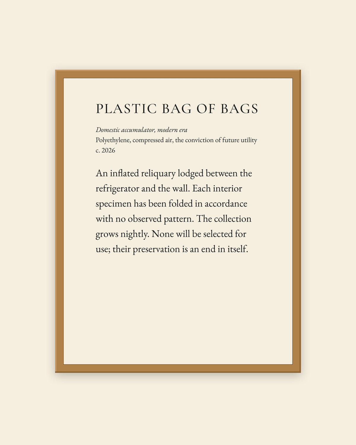Plastic Bag of Bags museum placard print in an oak frame, shown straight on