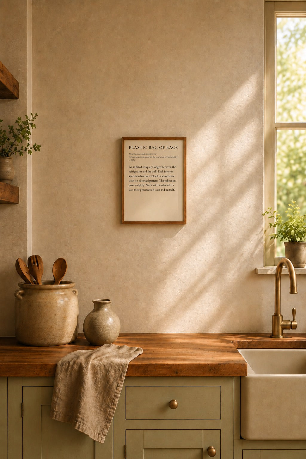 Plastic Bag of Bags framed and hung in a kitchen