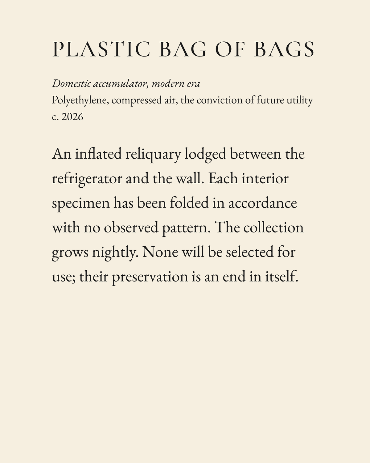 Plastic Bag of Bags museum placard print artwork, charcoal on cream