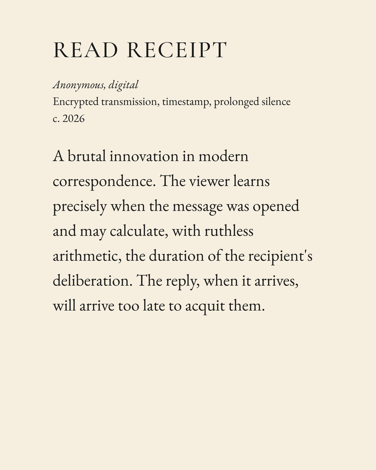 Read Receipt museum placard print artwork, charcoal on cream