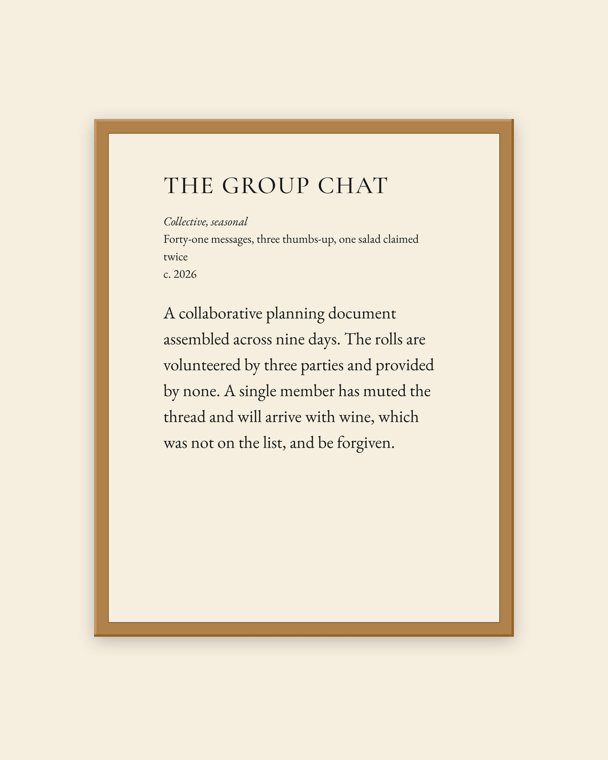 The Group Chat museum placard print in an oak frame, shown straight on