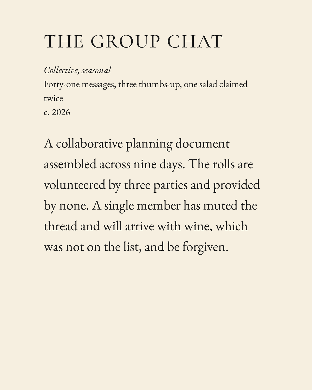 The Group Chat museum placard print artwork, charcoal on cream