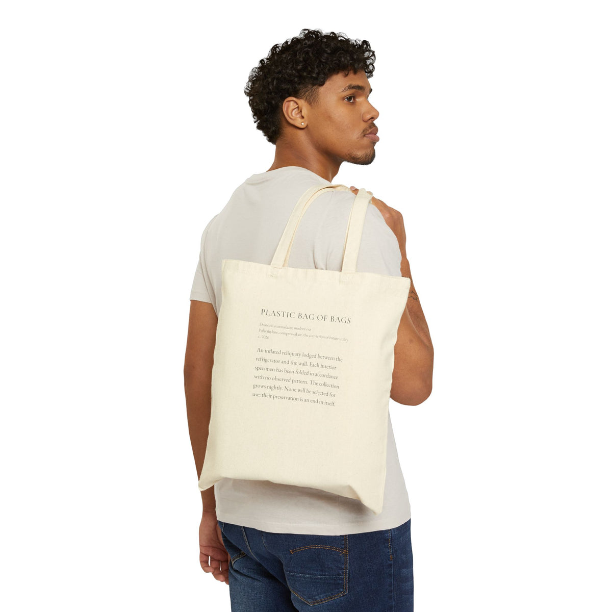 Plastic Bag of Bags canvas tote carried over the shoulder