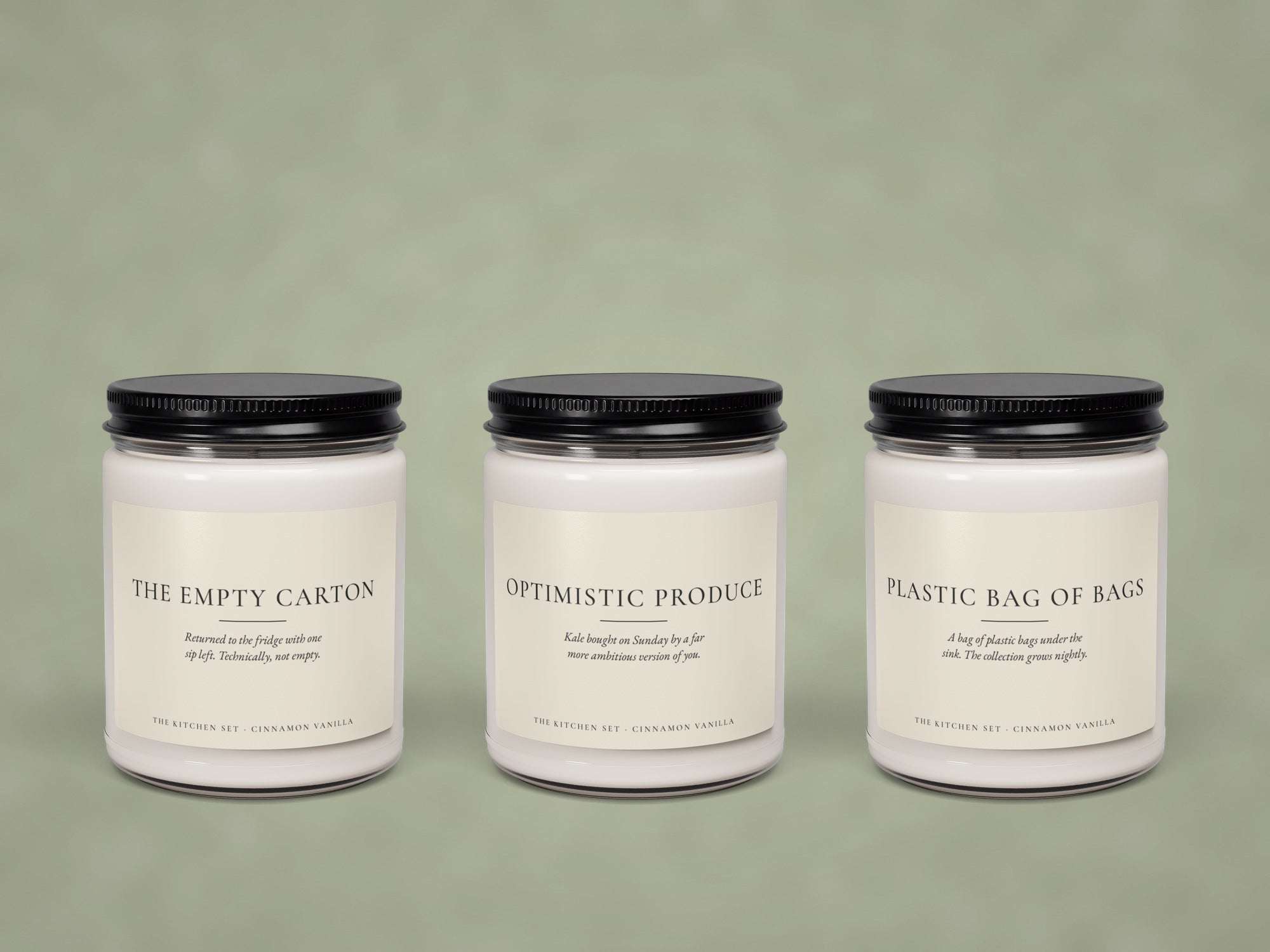 The Kitchen Set: three Cinnamon Vanilla soy candles, The Empty Carton, Optimistic Produce and Plastic Bag of Bags