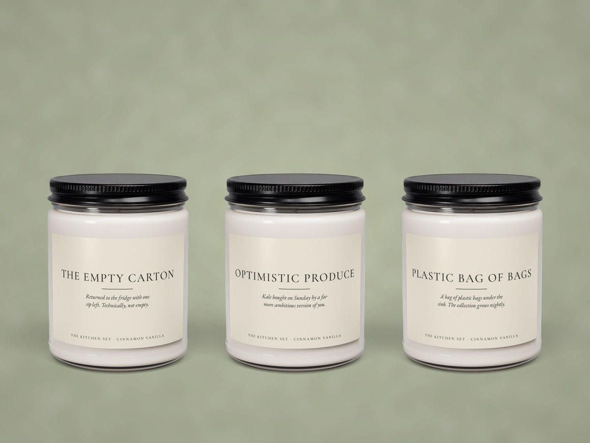 The Kitchen Set: three Cinnamon Vanilla soy candles, The Empty Carton, Optimistic Produce and Plastic Bag of Bags