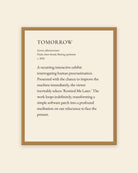 Tomorrow museum placard print in an oak frame, shown straight on