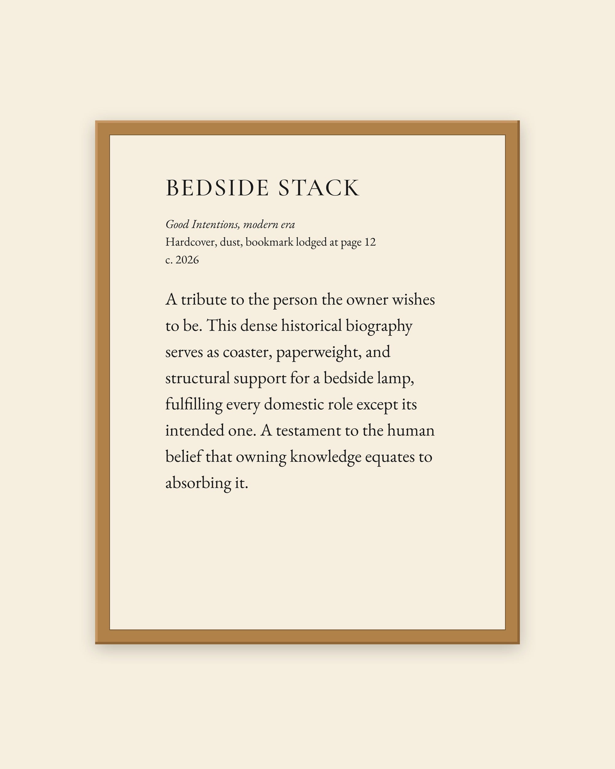 Bedside Stack museum placard print in an oak frame, shown straight on