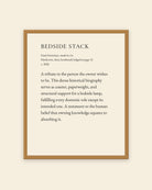 Bedside Stack museum placard print in an oak frame, shown straight on