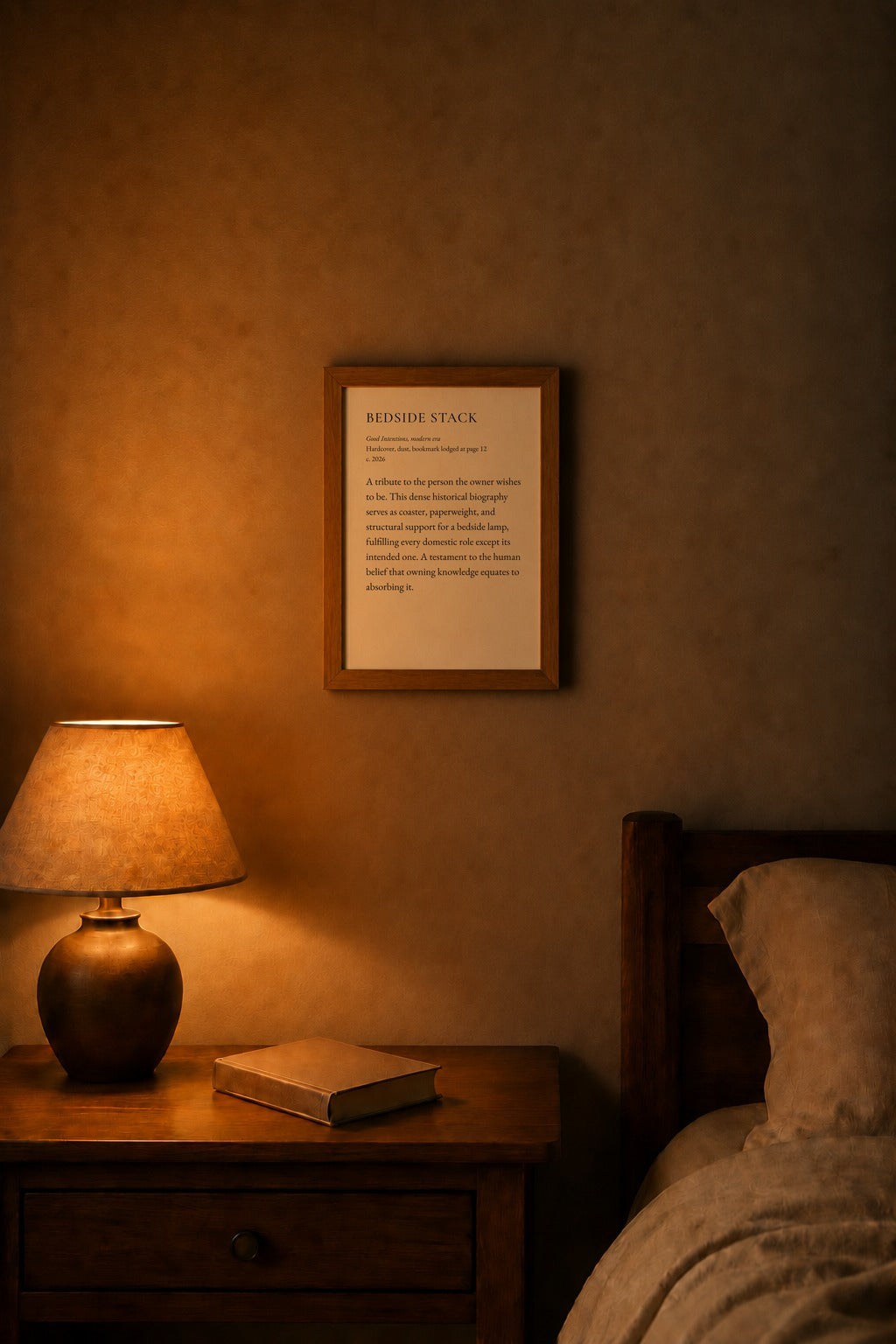 Bedside Stack framed and hung above a nightstand