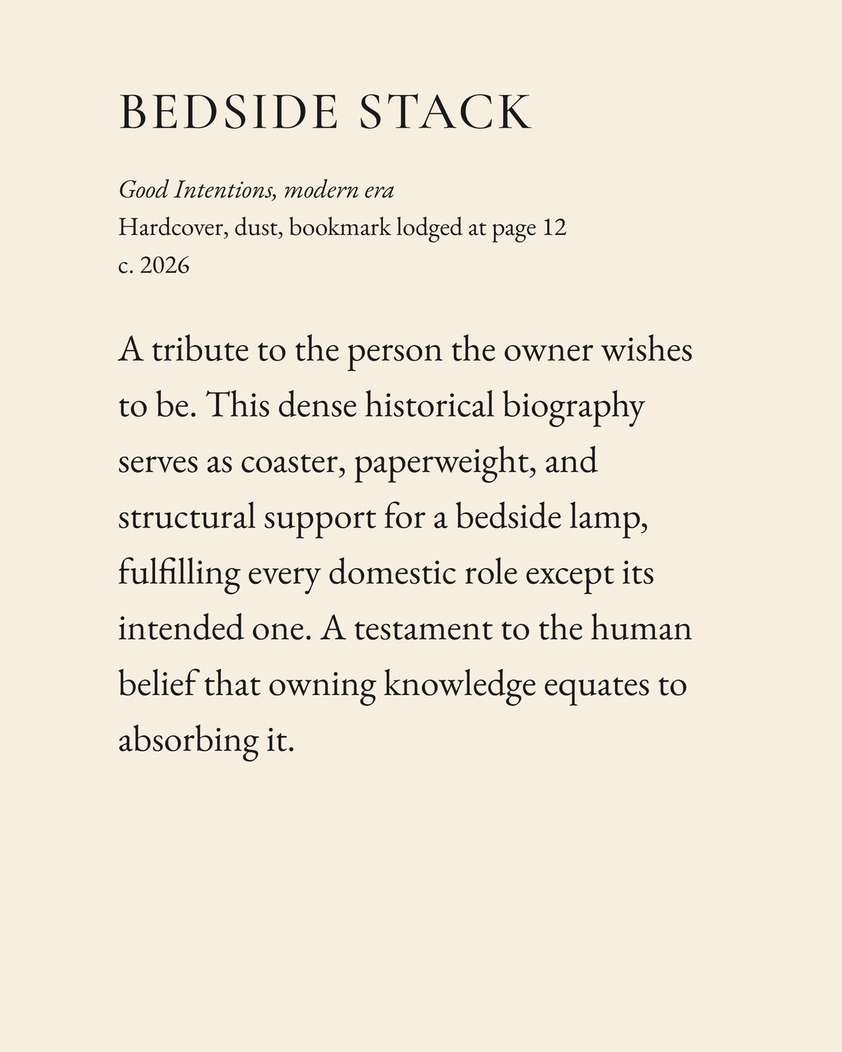 Bedside Stack museum placard print artwork, charcoal on cream