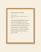 Transit State museum placard print in an oak frame, shown straight on