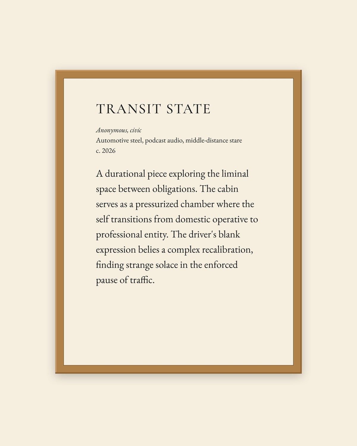 Transit State museum placard print in an oak frame, shown straight on