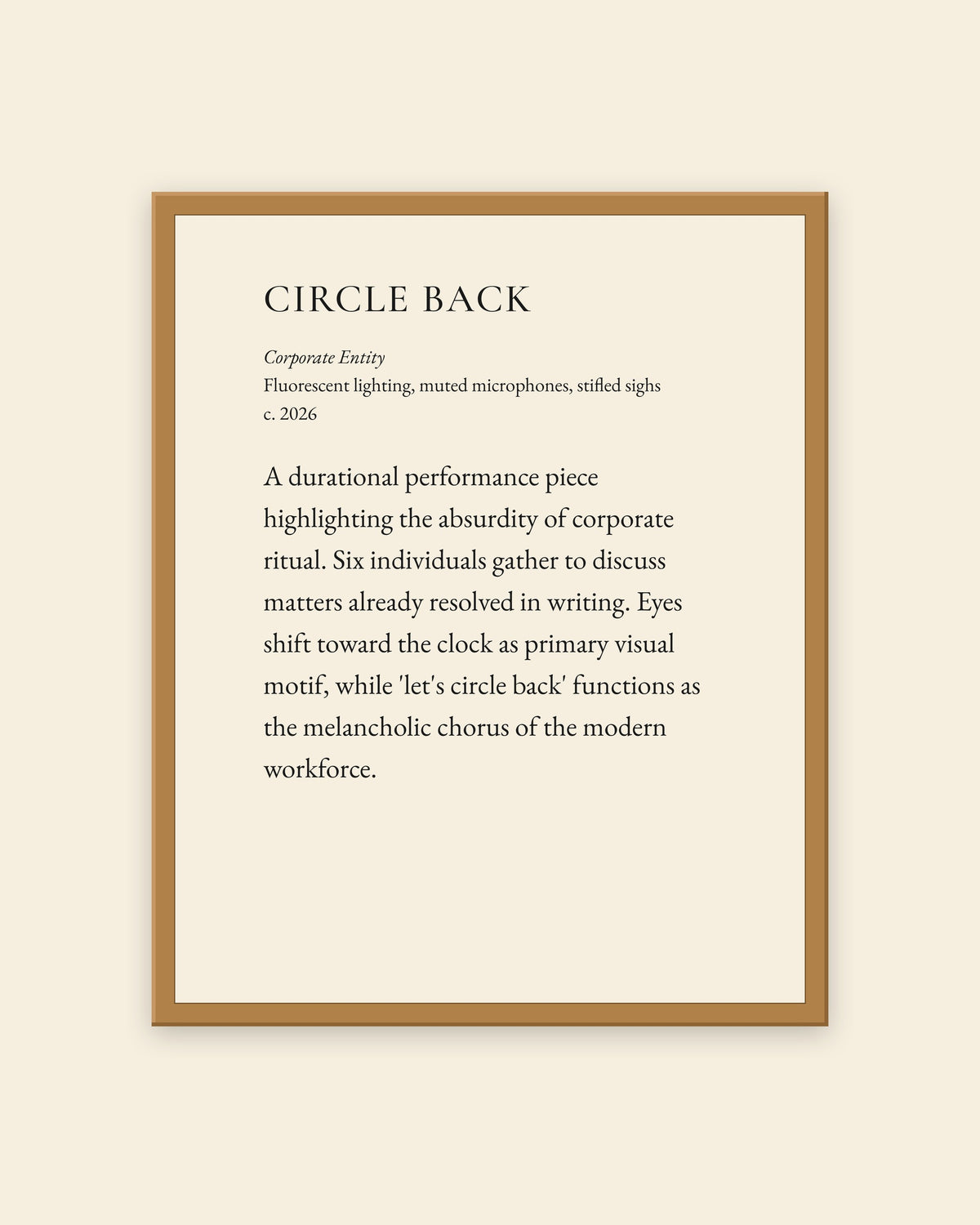 Circle Back museum placard print in an oak frame, shown straight on