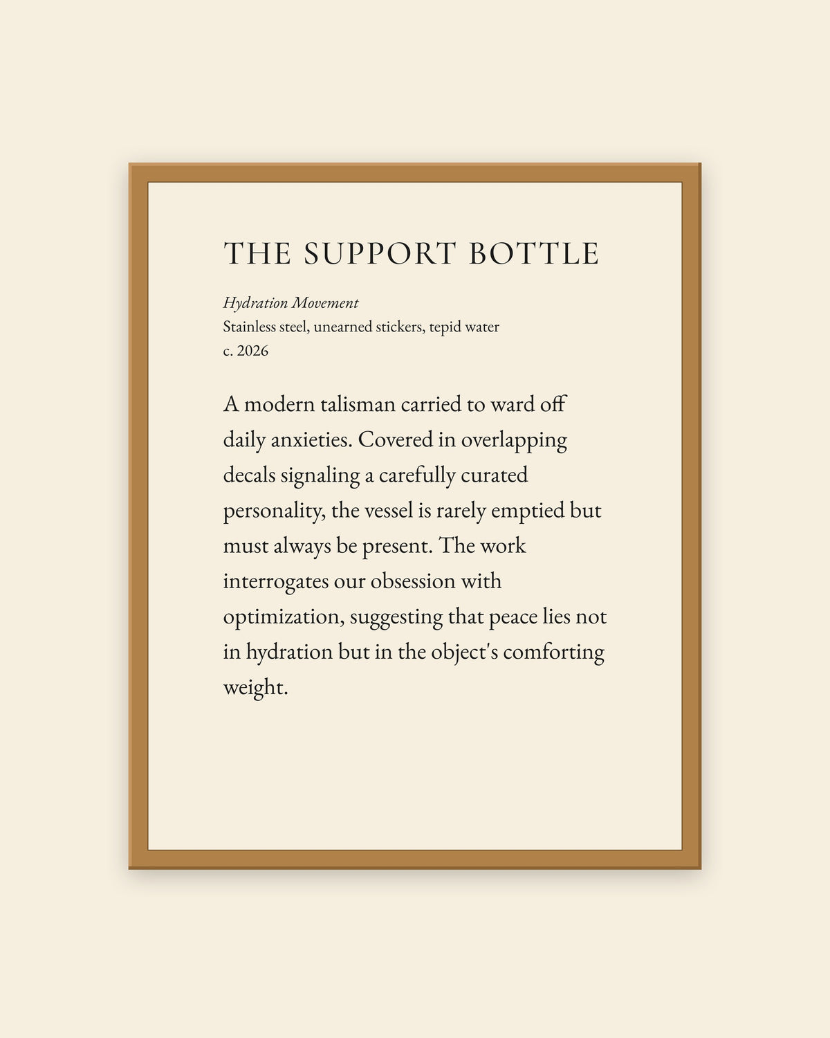 The Support Bottle museum placard print in an oak frame, shown straight on