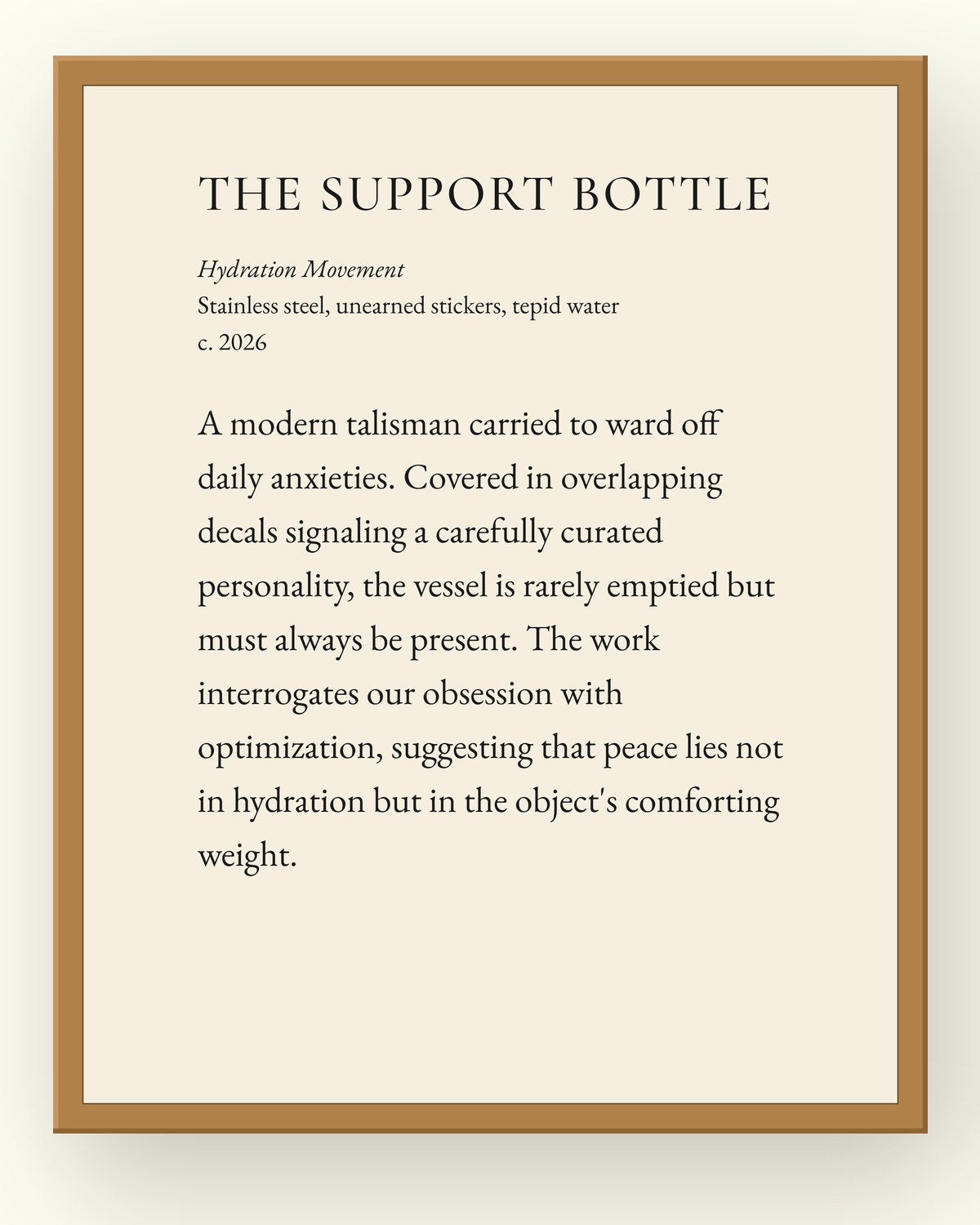 The Support Bottle, a museum placard print in an oak frame