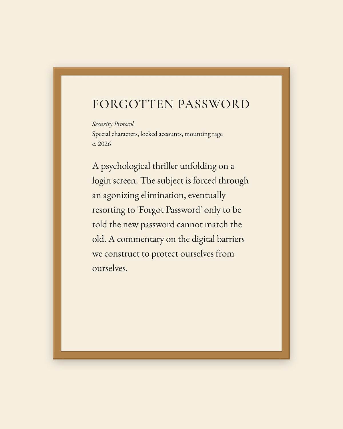 Forgotten Password museum placard print in an oak frame, shown straight on