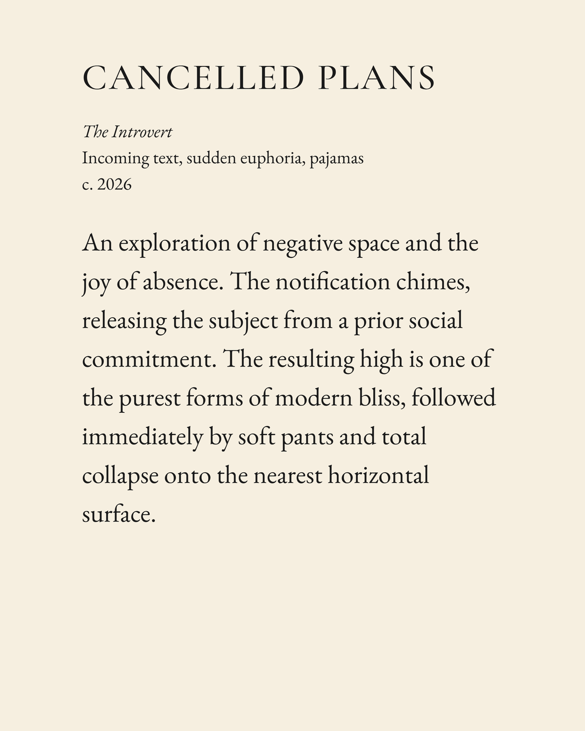 Cancelled Plans museum placard print artwork, charcoal on cream