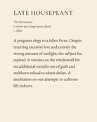 Late Houseplant museum placard print artwork, charcoal on cream