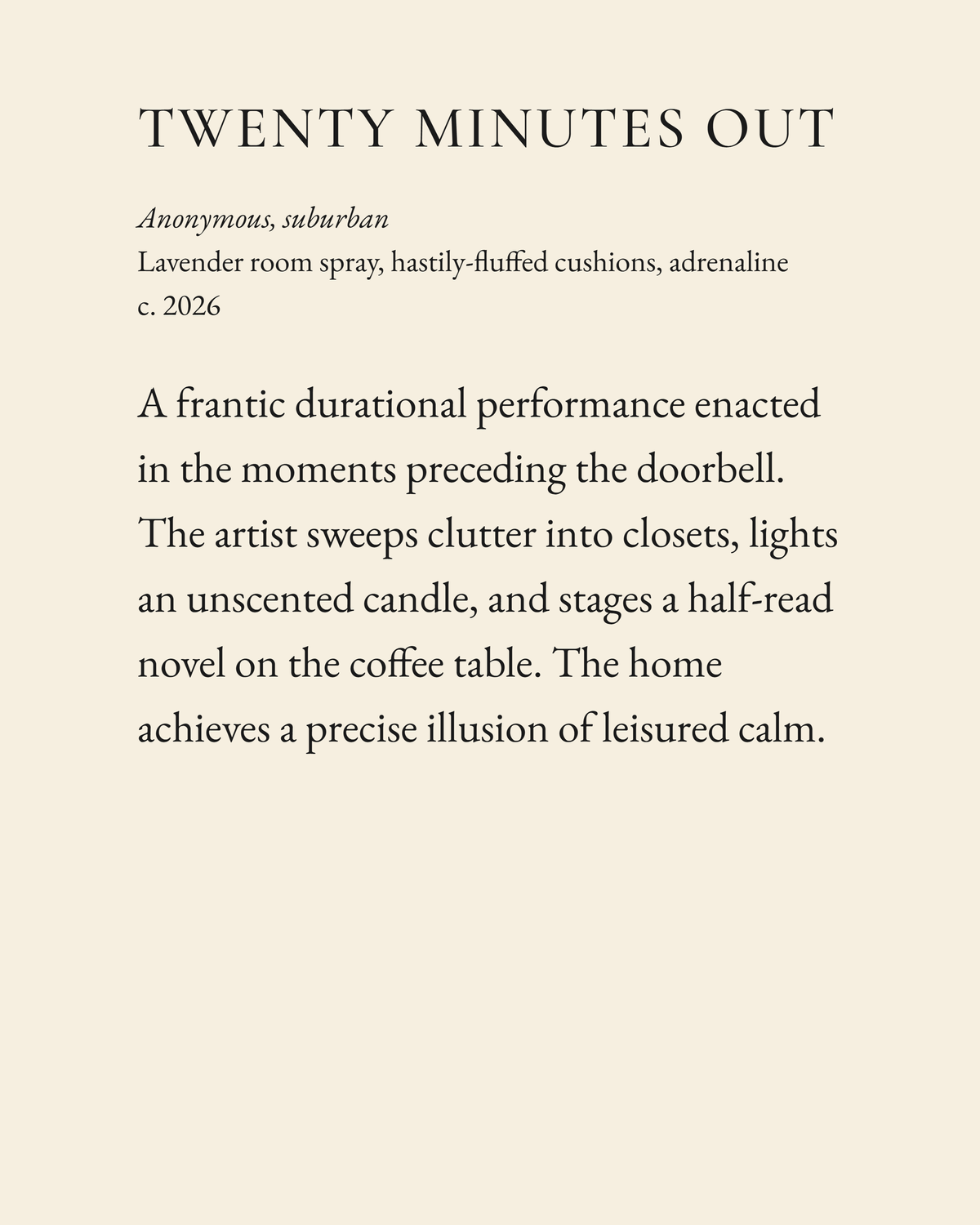 Twenty Minutes Out museum placard print artwork, charcoal on cream