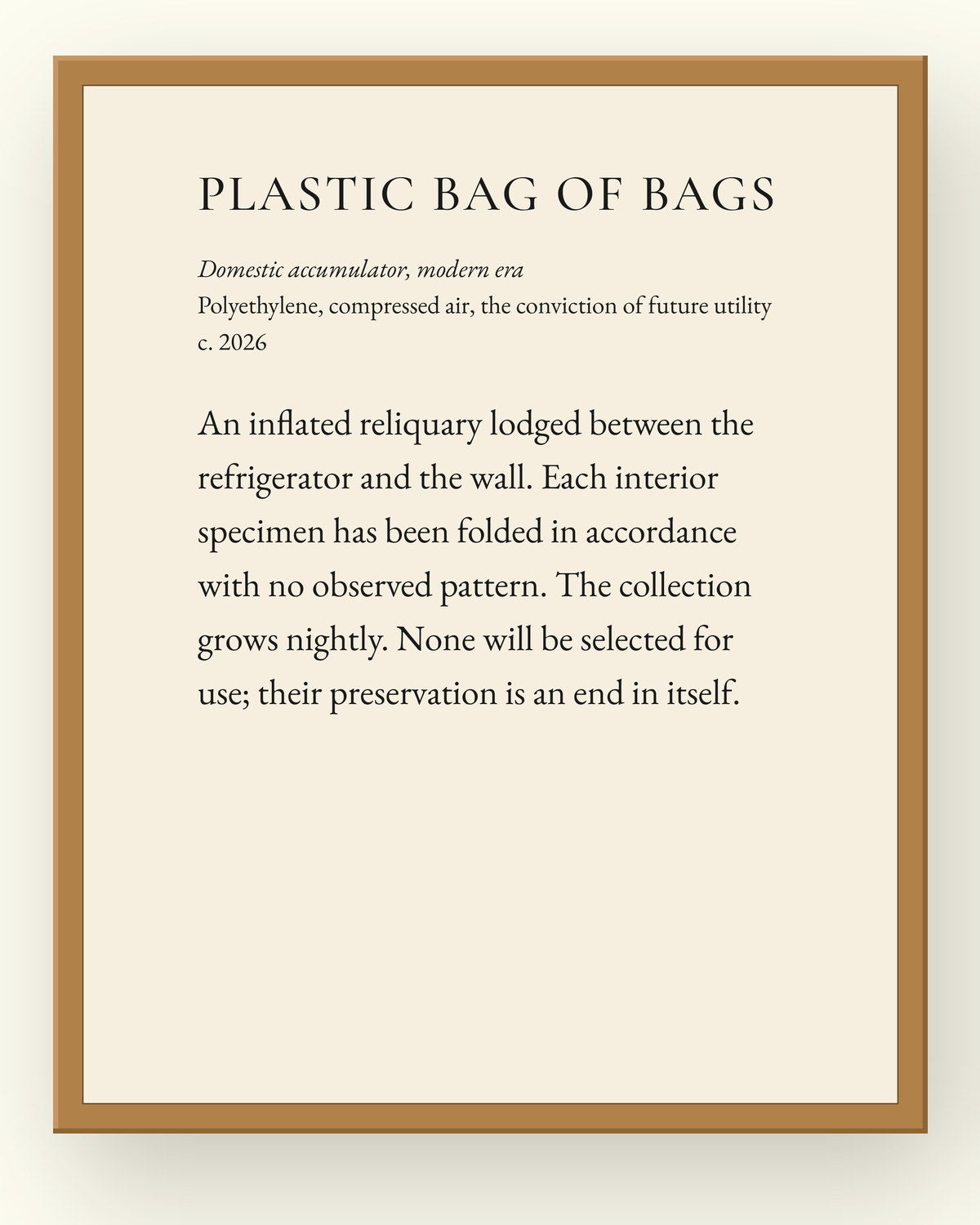 Plastic Bag of Bags, a museum placard print in an oak frame