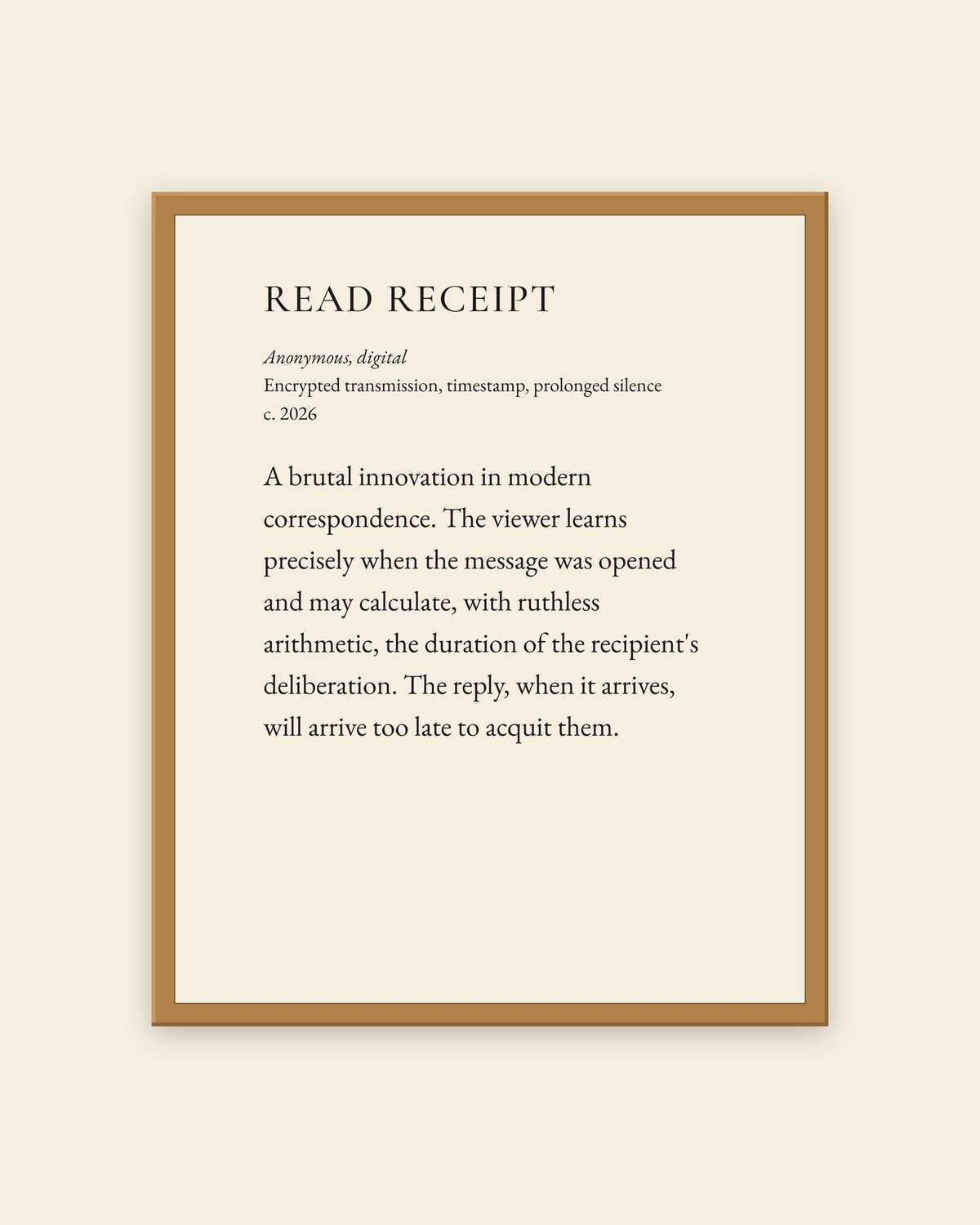 Read Receipt museum placard print in an oak frame, shown straight on