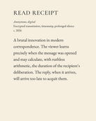 Read Receipt museum placard print artwork, charcoal on cream