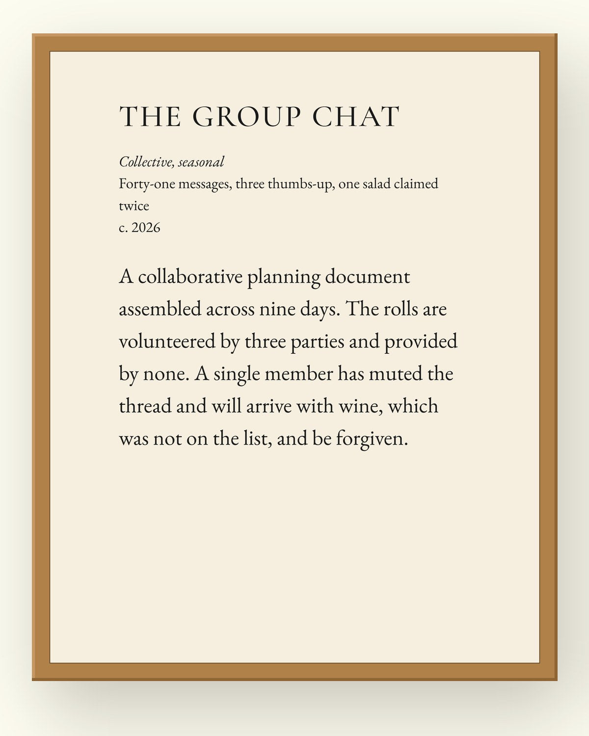 The Group Chat, a museum placard print in an oak frame