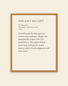 The Gift Receipt museum placard print in an oak frame, shown straight on
