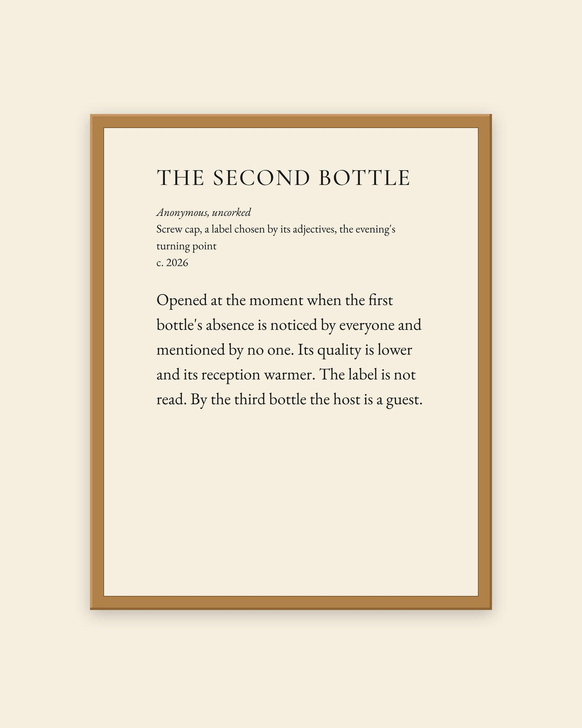The Second Bottle museum placard print in an oak frame, shown straight on