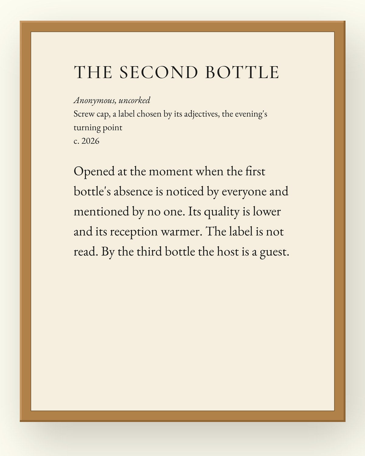 The Second Bottle, a museum placard print in an oak frame