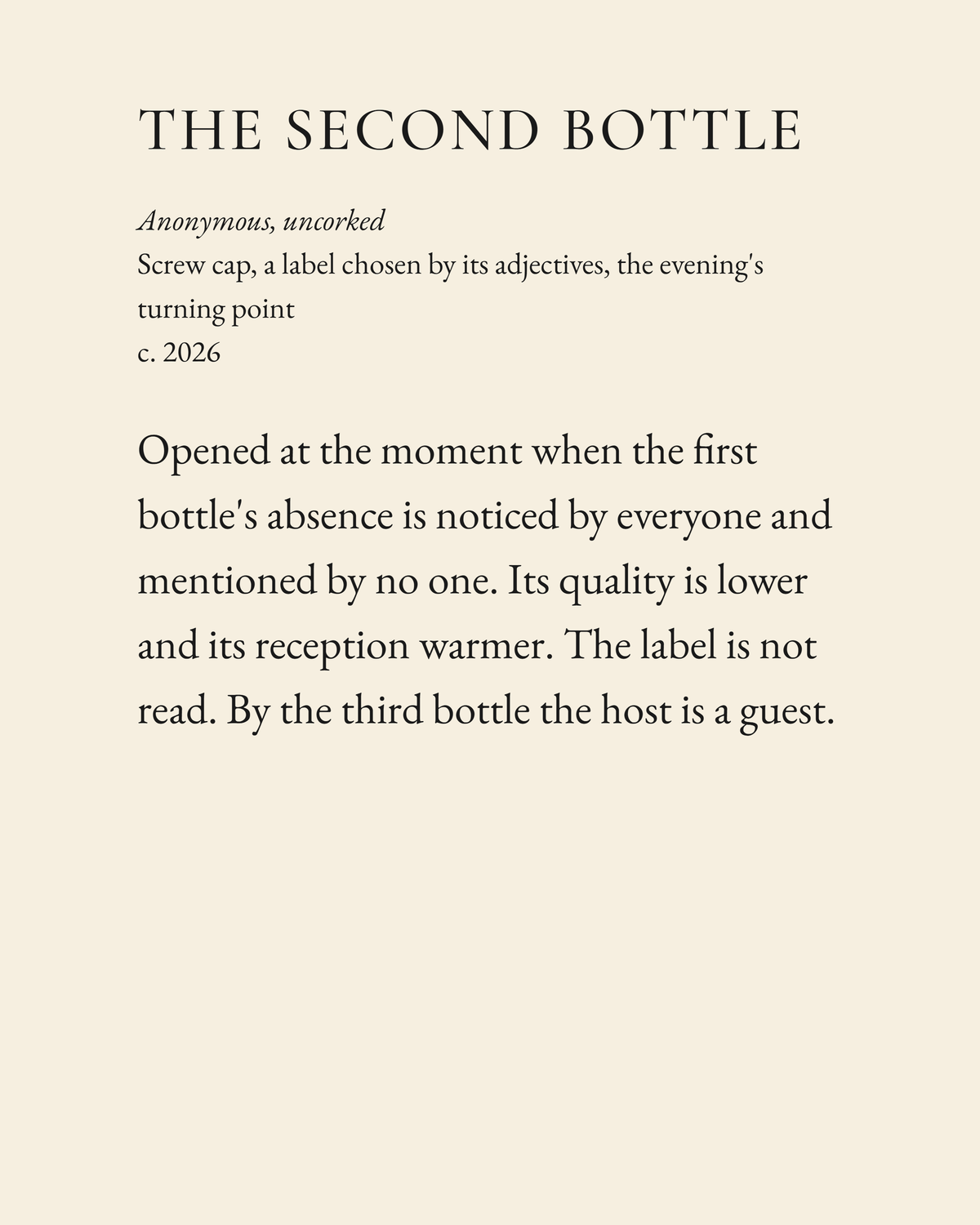 The Second Bottle museum placard print artwork, charcoal on cream