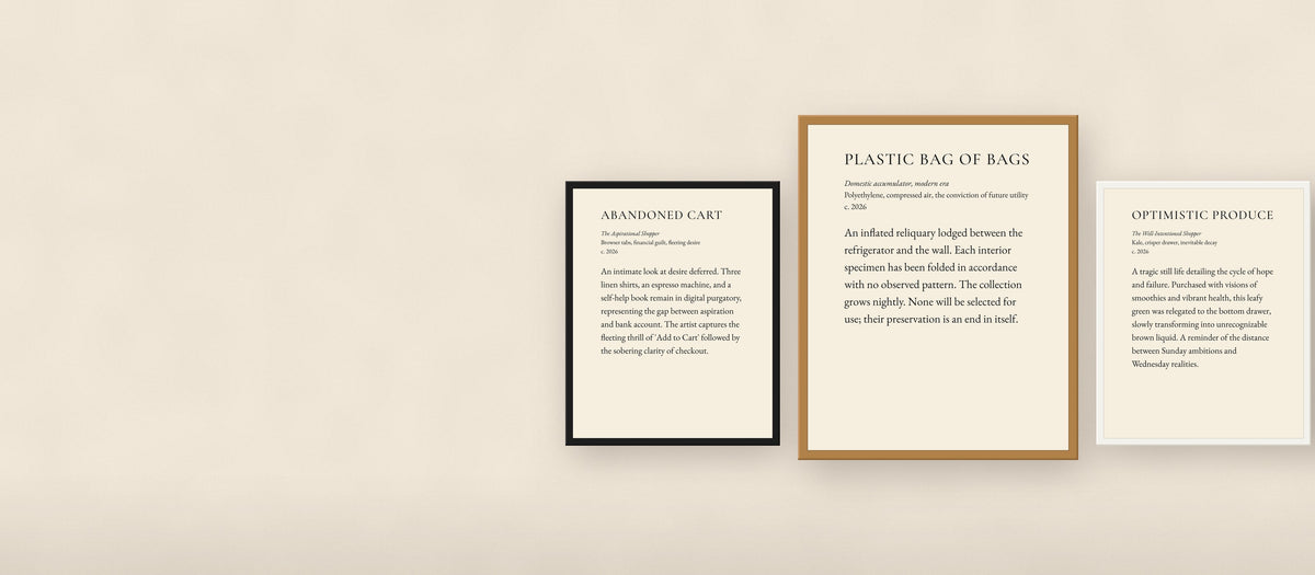 Three Domestic collection prints framed in black, oak, and white on a daylit wall