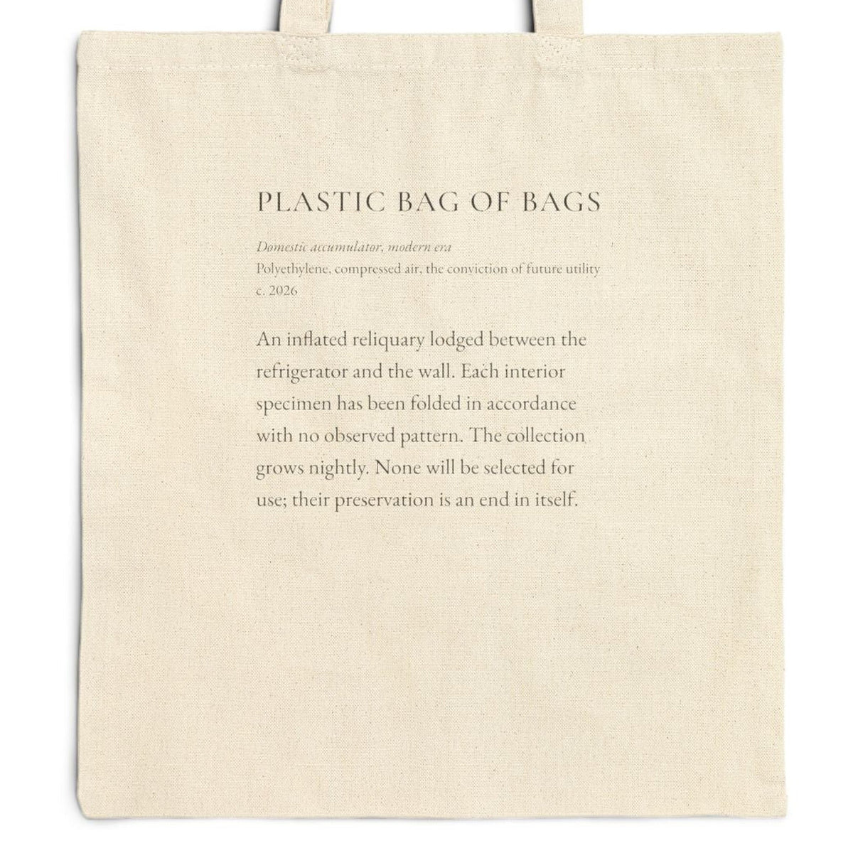 Plastic Bag of Bags printed on a natural cotton canvas tote, close view of the panel